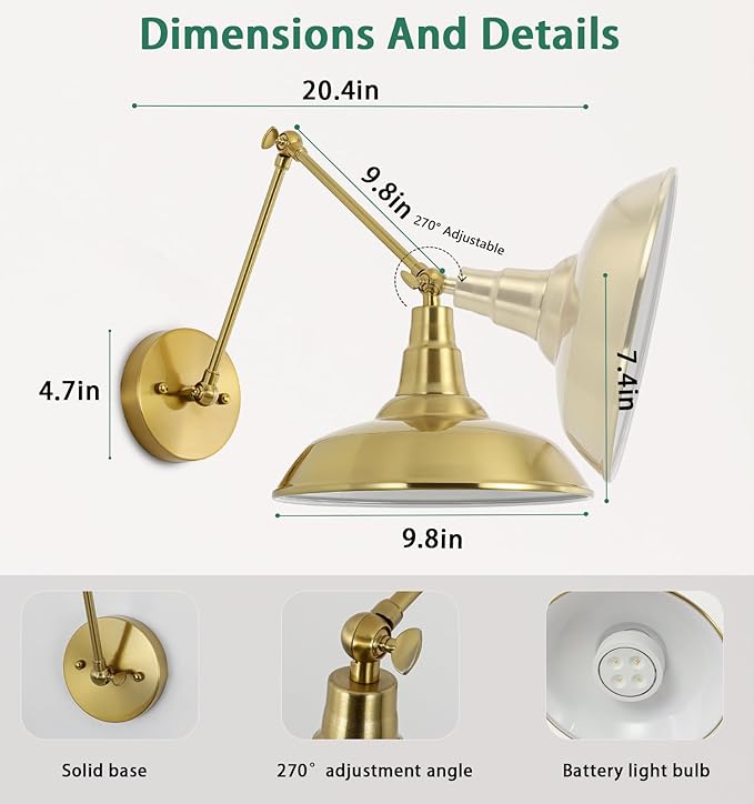 Gold Vintage LED Wall Sconce Set of 2, Wireless Battery Powered Wall Sconce with Remote Control, Dimmable Lighting for Bedroom, Hallway, Farmhouse Indoor Wall Sconce