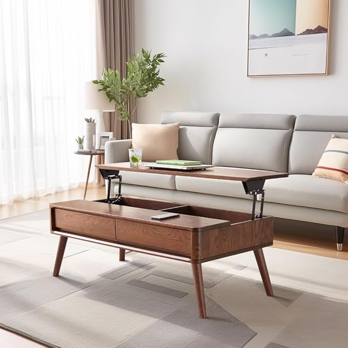 Oak Wood Lift Top Coffee Table with Storage, Mid-Century Modern Rectangle Coffee Tables for Living Room,Wooden Walnut Coffee Table for Dining,Working,Playing Games Desk