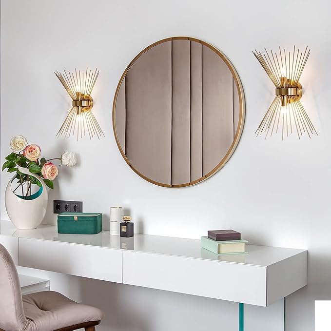 VILUXY Mid-Century Wall Sconces Antique Brass Brush Paint Finish Bedside Wall Sconce Lighting Fixture with Starburst Shade for Bedroom, Hallway, Entryway, Passway, Bathroom, Vanity 2 Pack