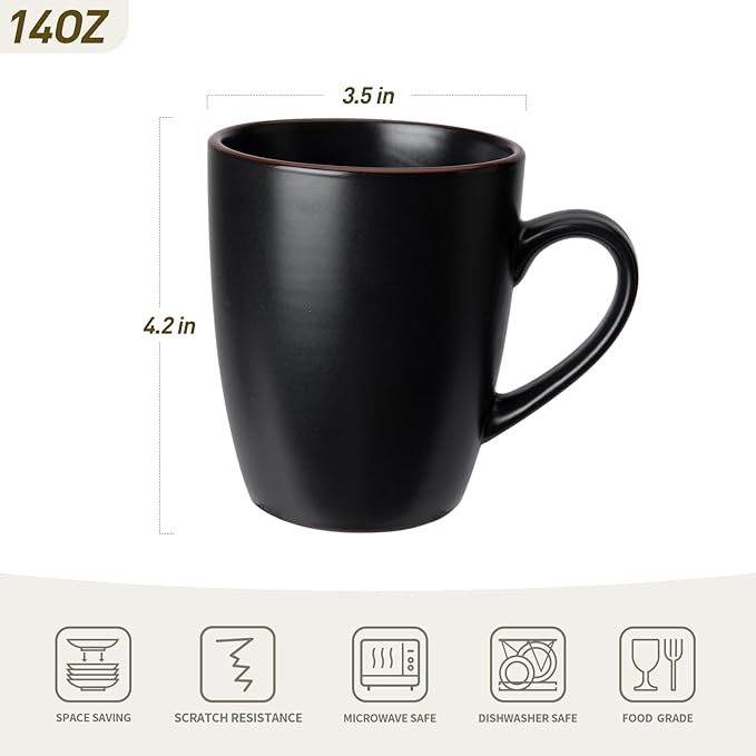famiware Venus Coffee Mugs for 6, 14 oz Mug Set, Dringking Cup with Handle for Coffee, Tea, Cocoa, Milk, Matte Black