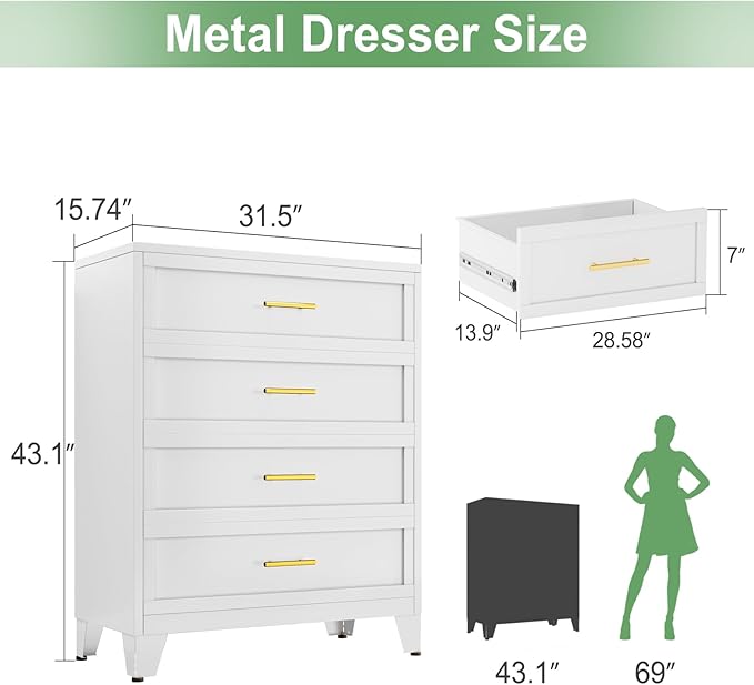 Metal Dresser Tall White Dresser for Bedroom Chest,43.11" H Drawer Chest, Closet Dressers & Chests of Drawers for Living Room, Hallway (4 Drawers)