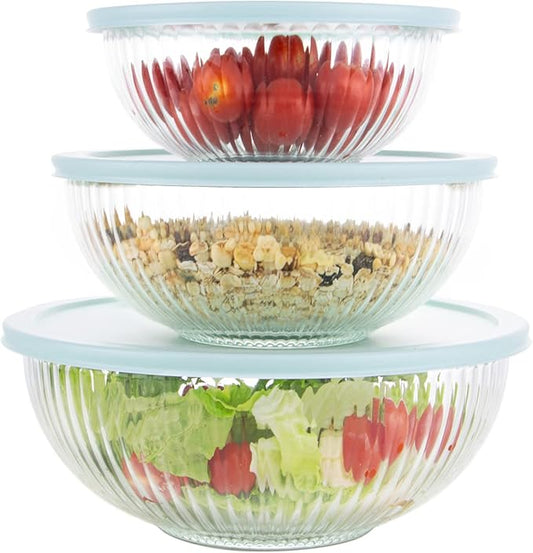 WhiteRhino Glass Mixing Bowls with Lids Set of 3(3.7QT, 2.1QT, 1.1QT),Large Kitchen Salad Bowls, Space-Saving Nesting Bowls, Clear Glass Serving Bowls for Cooking,Baking,Prepping,Dishwasher Safe