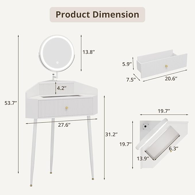 ARTETHYS Corner Vanity Desk with Retractable and Rotating Mirror and Lights Small Modern White Makeup Vanity Set with Glass Top for Women Compact Girls Dressing Table with Storage for Small Space