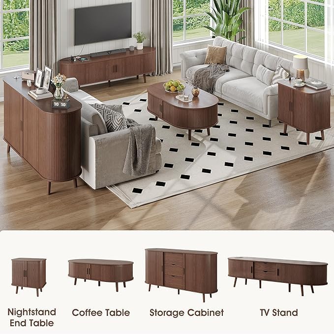 Alohappy 69" Mid Century Modern TV Stand with Charging Station, Farmhouse Curved Edge TV and Media Console Table with Drawer and Shelf, Fluted Entertainment Center for Living Room, Bedroom, Walnut