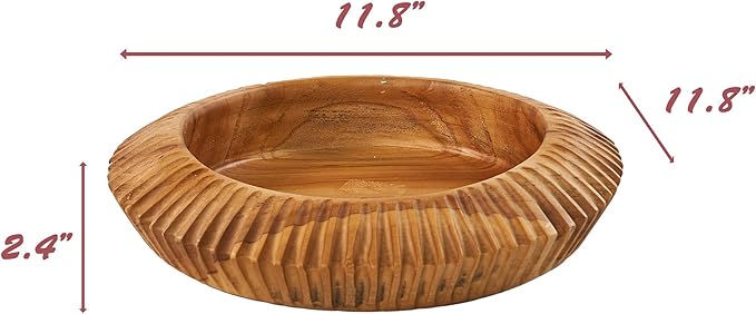 Teak Handcrafted Wooden Bowls Natural Wood Round Utility Bowl 11.8" W Handmade Rustic Serving Platter Fruit Snack Holder for Entry Table Vintage Artworks Dining Room Home Décor