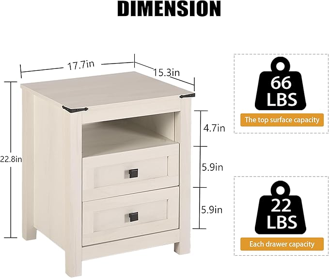 Nightstand with 2 Drawers, Wooden Night Stands, Grey Bedside Table Side Table for Bedroom Storage Cabinet End Table for Bedroom, Rustic Beige