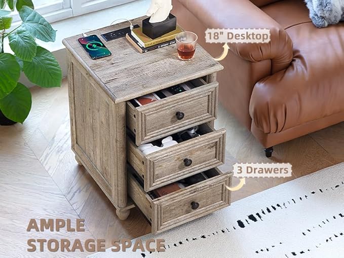 18" Farmhouse Night Stand Set 2 with Charger Station, Grey 2 & 3 Drawers Wood Nightstand, Bedside End Table with Storage and Roman Column, Bed Side Tables Cabinet for Bedroom, Living Room, and Closet