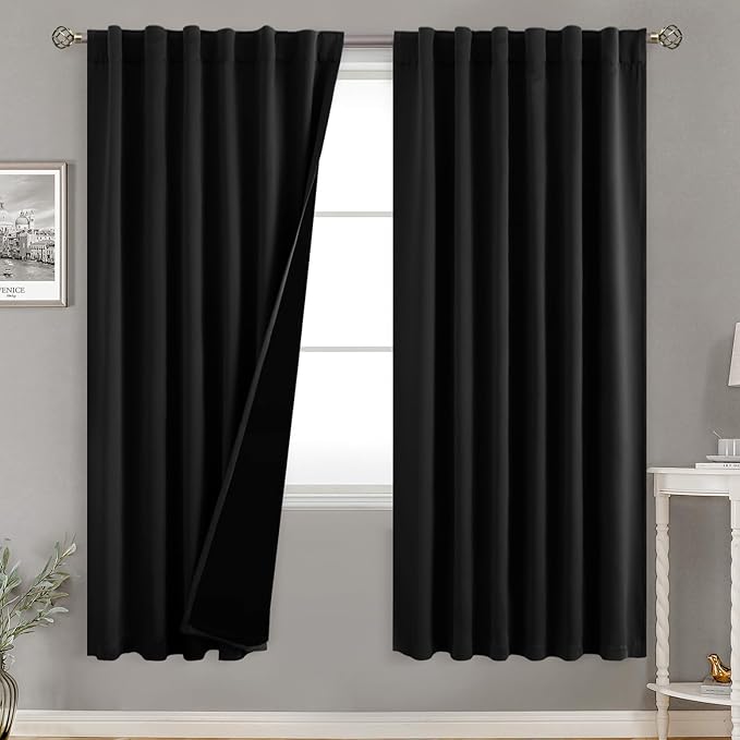 BGment Full Blackout Curtains with Liner Thermal Curtains 72 Inches Long, Rod Pocket and Back Tab Double Layer Black Out Privacy Curtains for Bedroom(52 x 72 Inch, 2 Panels, Black)