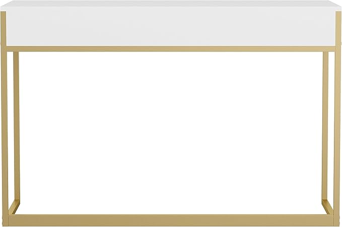 Martha Stewart Ollie Home Office Desk with 3 Drawers in White with Polished Brass Hardware