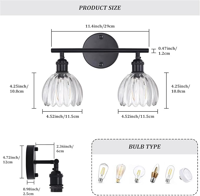 Bathroom Light Fixtures, 2-Light Black Vanity Wall Light Over Mirror with Clear Tulip Glass Shade for Bedroom Living Room