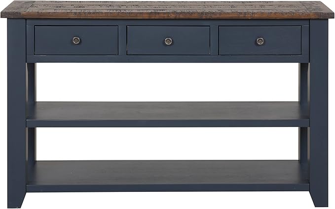 Knocbel Farmhouse Entryway Long Console Table with 3 Storage Drawers and Bottom Open Shelves, Entry Hallway Foyer Sofa Table with Handles, 29.9" H x 48.8" W x 15.8" D (Blue and Brown)