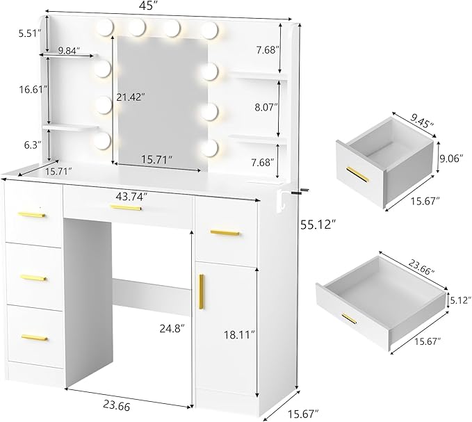 45” Vanity Desk with Mirror and Lights,10 Lights 3 Color Modes,Makeup Vanity Desk with 4 Storage Shelves 5 Drawers 1 Cabinet and Power Outlet,for Bedroom & Dressing Room,White vanitys