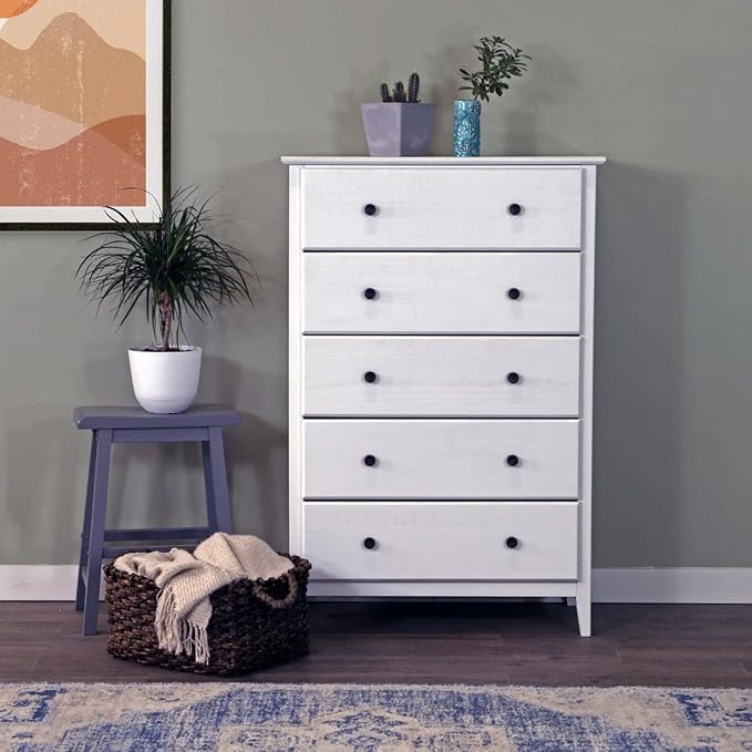 Grain Wood Furniture Greenport 5-Drawer Chest, Solid Wood with Brushed White Finish