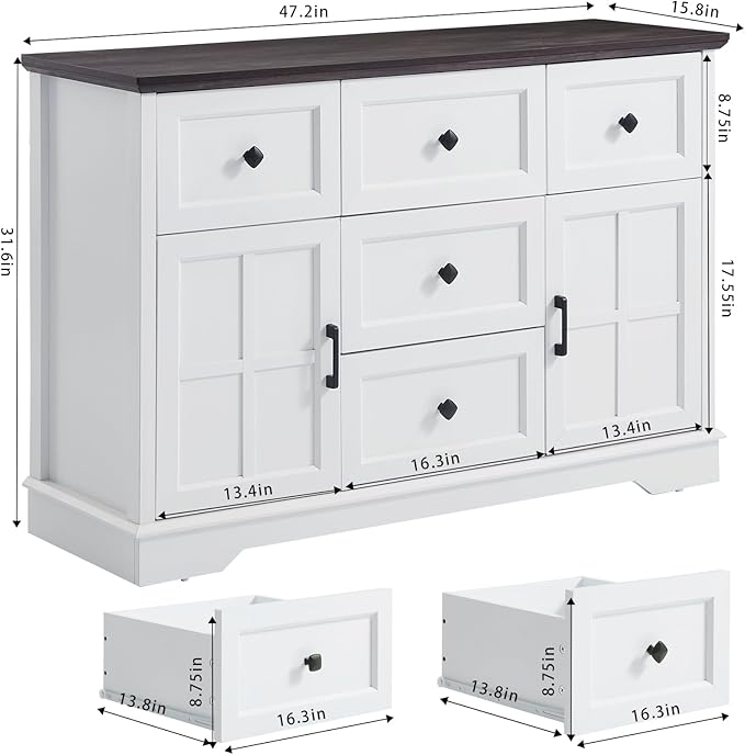 5+2 White Dresser for Bedroom, Chest of Drawers for Bedroom with Wooden Drawers and Cross Doors, Wood Dressers Storage TV Stand for Bedroom, Living Room