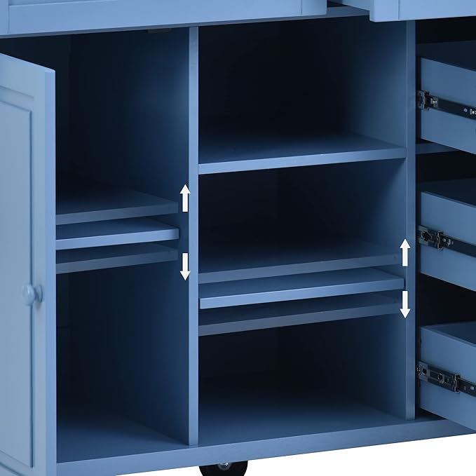 Rolling Kitchen Cart with Rubber Wood Desktop Mobile Kitchen Island with Storage and 5 Drawers for Dining Room Kitchens Living Room 52.8" L*18.1" W*36.2" H Blue