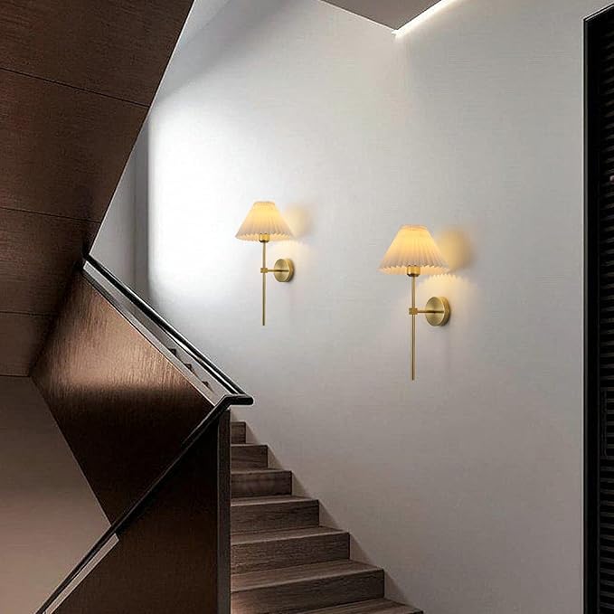 Wall Sconces Sets of 2 White Fabric lampshade Gold Wall Lamp Column Bracket Wall Lighting Bathroom Dresser Hardwired lamp Applicable to Living Room Bedroom Dining Room