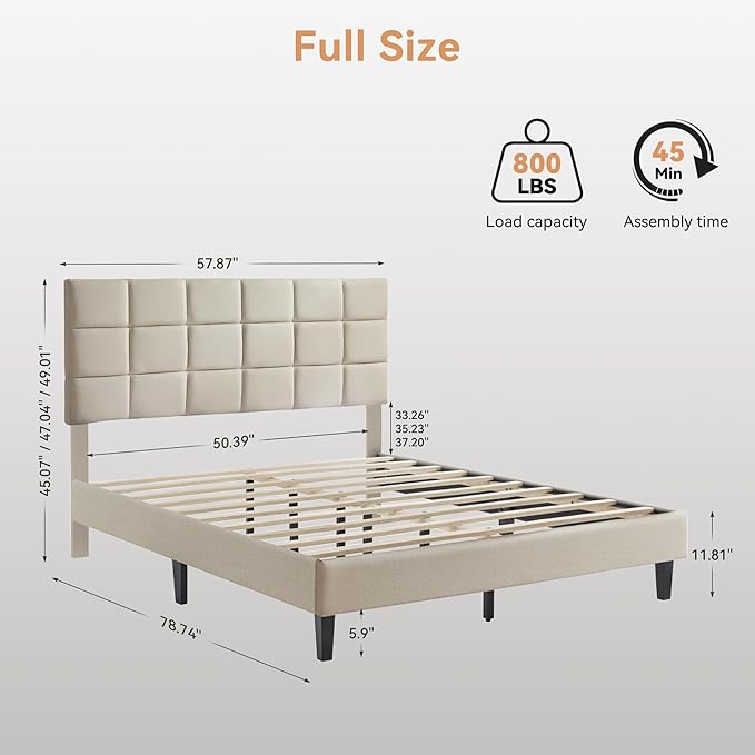BedsPick Full Size Bed Frame with Fabric Upholstered Headboard, Bed Frame Full Size with Solid Wooden Slats Support, No-Noise, Easy Assembly, No Box Spring Needed with 800LBS, Beige