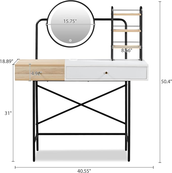 40" Makeup Vanity Desk with 3 Lighting Modes Adjustable Brightness & Power Outlet, Vanity Table with Drawer & 3 Open Shelves for Ample Storage Space, Dressing Table for Bedroom (White)