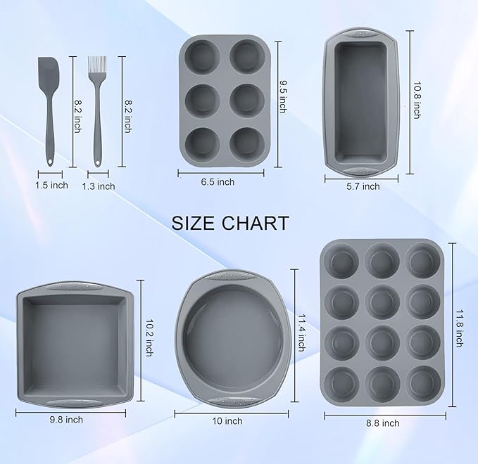 7in1 Silicone Bakeware Baking Set, Kitchen Bake Pans Molds Tray for Oven with BPA Free Round/Square Cake Pan, Loaf Pan, Muffin Pan for Bread Pizza Cheesecake Cupcake Pie Desserts