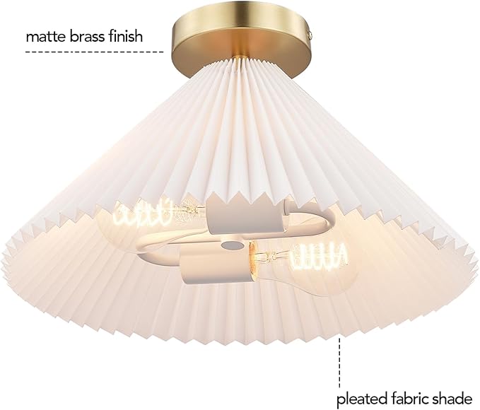 GLOBE Electric x Novogratz 66000085 2-Light Flush Mount Ceiling Light, Matte Brass Finish, Off-White Pleated Fabric Shade, Bedroom Lighting Fixtures Ceiling, Lighting for Hallway or Dining Room