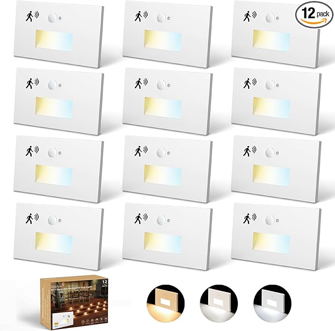 12 Pack Motion Sensor LED Step Lights, 3CCT Adjustable 3000K/4000K/6000K Stair Lights, 4W 300LM Dimmable Staircase Lighting, IP65 Waterproof for Indoor Outdoor, 120V Hardwired, ETL, White