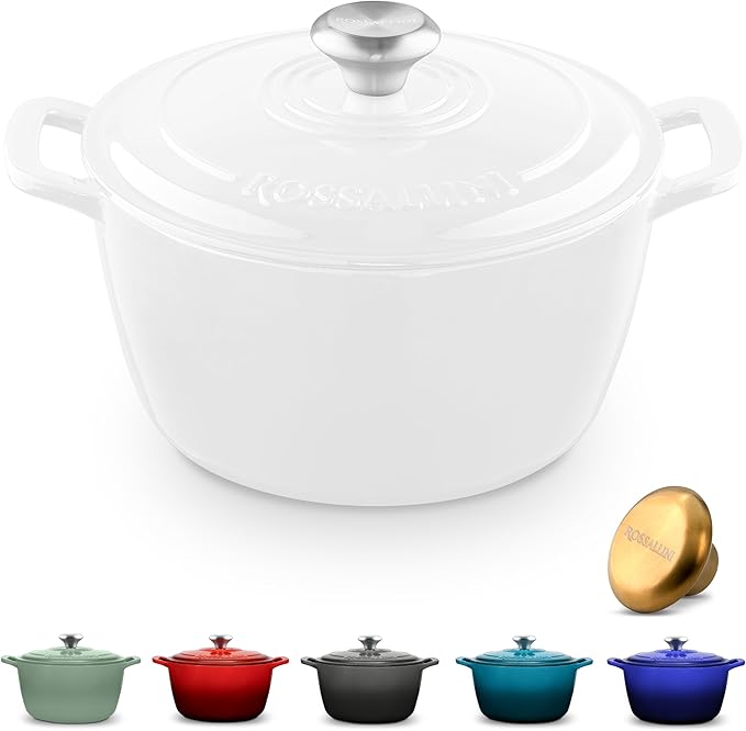 Signature Enameled Cast Iron Dutch Oven, Non-Stick Serving Pot with Tight Fitting Lid for Perfect Roasting, Baking, Sauteing, and Bread Making | 10Q (9.5L) - White