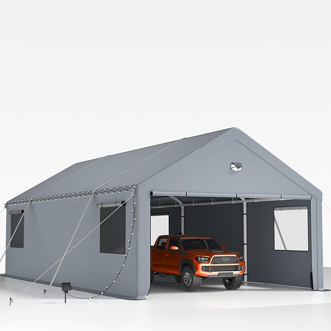 13x25FT Heavy Duty Carport Canopy,Extra Large Portable Car Tent Garage with Roll-up Windows and All-Season Tarp Cover,Removable Roof&Side Walls for Car,SUV,Boats&Truck Shelter Logic Storage