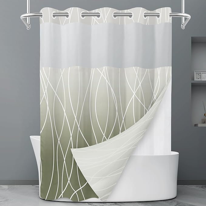No Hook Ombre Sage Green Striped Shower Curtain with Snap in Liner Set - Hotel Shower Curtain and Liner Set with See Through Mesh Top Window,Machine Washable, 71x74 INCH