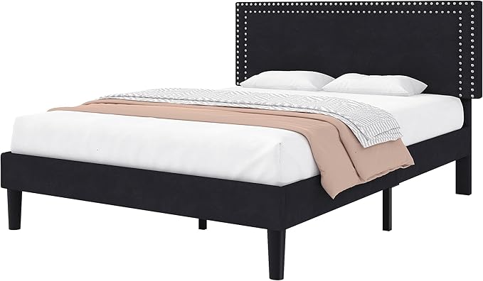 VECELO Full Size Platform Bed Frame with Adjustable Upholstered Headboard, Modern Mattress Foundation,Strong Wood Slat Support, No Box Spring Needed, Easy Assembly