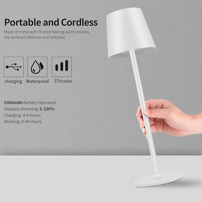 BGFHome Cordless Table Lamp LED Desk Lamp,5000mAh Rechargeable Touch Night Light Lamp,Wireless Minimalist Design for Restaurant/Bedroom/Bars/Outdoor Party/Camping/Coffee Shop（White）