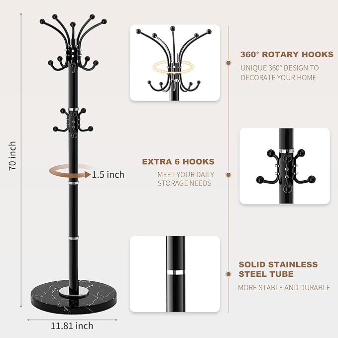 Modern Metal Coat Rack Stand, Coat Rack Freestanding with Natural Marble Base, 360°Rotary Design Sturdy Coat Racks with 16 Hooks, White Coat Hall Tree Stand for Entryway (Black)