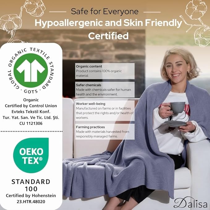 Dalisa 100% Organic Turkish Cotton Throw Blanket - GOTS Certified, Cozy - Perfect for Couch, Bed, and Home Decor - Boho Vintage Knit Alina (Grey Blue, 50x60)