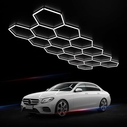 Hexagon Garage Lights: 476W 69 Pack 17 Grids LED Garage Lights - Easy Install 6500K Super Bright Honeycomb Light for Warehouse, Car Detailing Shop, Exhibition Hall, Gym