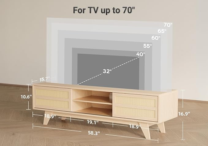 Claiks Boho TV Stand for 70 Inch TV, Modern TV Console with 2 Rattan Storage Cabinets & Adjustable Shelf, Woven TV Stand for Living Room, Oak Color