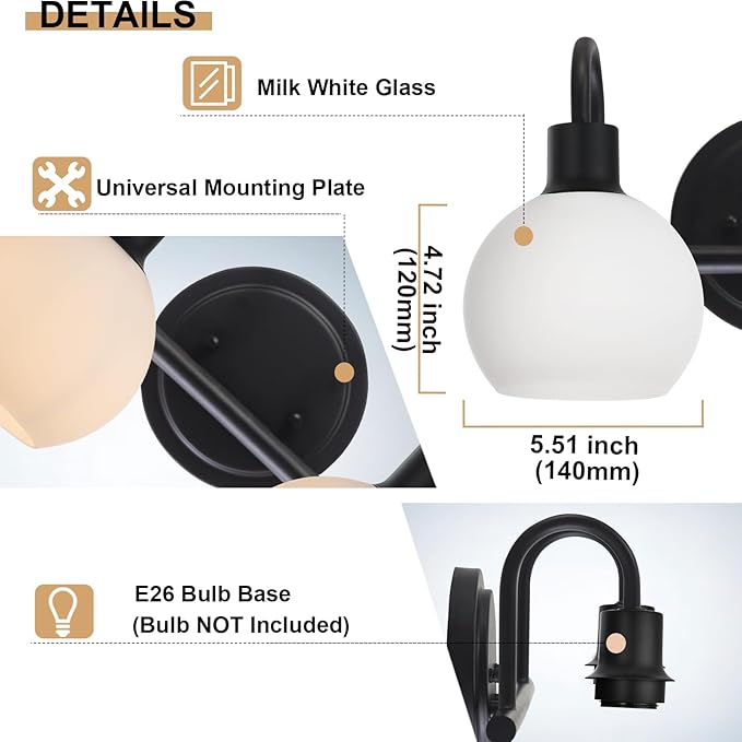 2-Light Black Bathroom Light Fixture, Milk White Globe Wall Sconce Lamp for Hallway Bedroom Foyer Cabinets, Modern Vanity Lights E26 Socket