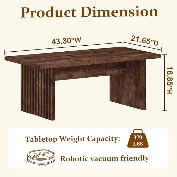 BON AUGURE Coffee Table for Living Room, Farmhouse Wood Center Table, Rectangle Mid-Century Living Room Tables, Unique Fluted Panel Coffee Tables (Rustic Oak, 43Inch)
