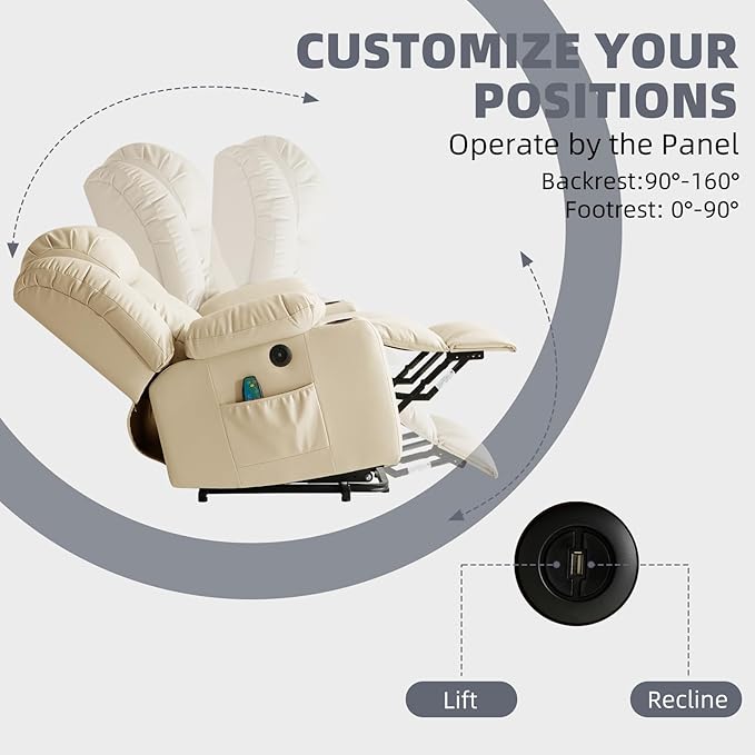 Power Lift Recliner Chair for Elderly, Electric Recliner Chairs for Adults with Massage and Heat, Cup Holders, Remote Control, USB Ports, Side Pockets, Leather (Cream)