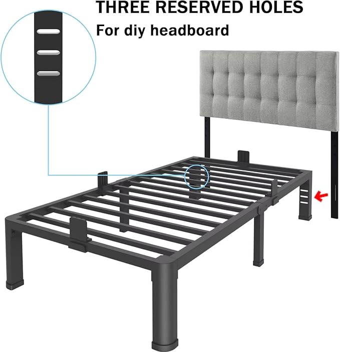 FUIOBYVV 16 Inch Twin Bed Frame with Rounded Corner and Headboard Hole Mattress Retainers 3500 LBS Metal Heavy Duty Steel Slats Support No Box Spring Needed Platform Noise Free Easy Assembly