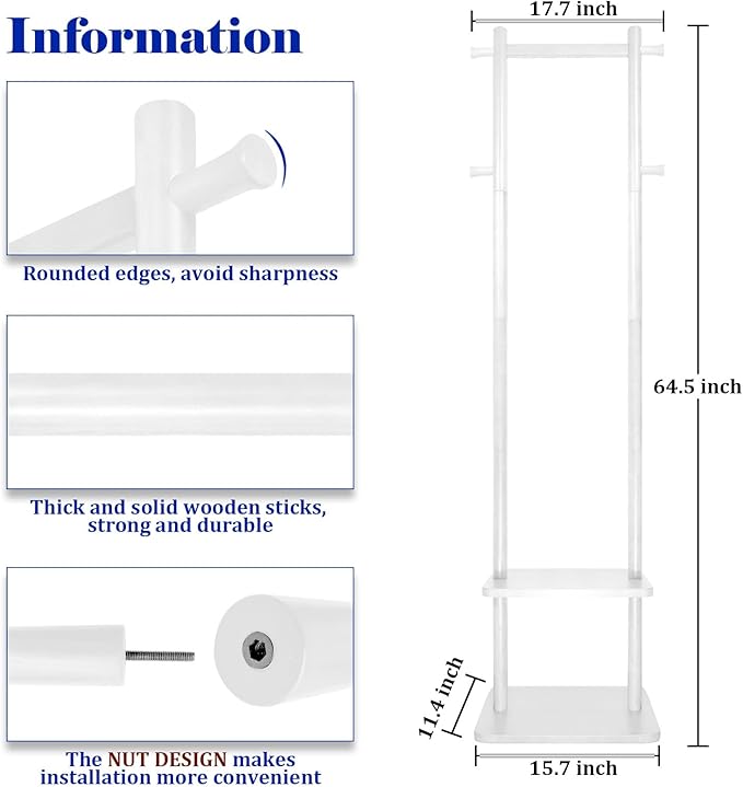 Wooden Coat Rack Stand,Heavy Duty Garment Rack with Shelves,Freestanding Clothes Rack Organizer for Entryway Bedroom Living Room(White)