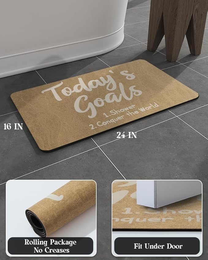 MontVoo -Bath Mat Rug- Non Slip Quick Dry Absorbent Thin Bathroom Rugs Fit Under Door-Faux Suede Surface Bathroom Floor Mats-Shower Rug for in Front of Bathtub Shower 16"X24" Camel Text Pattern