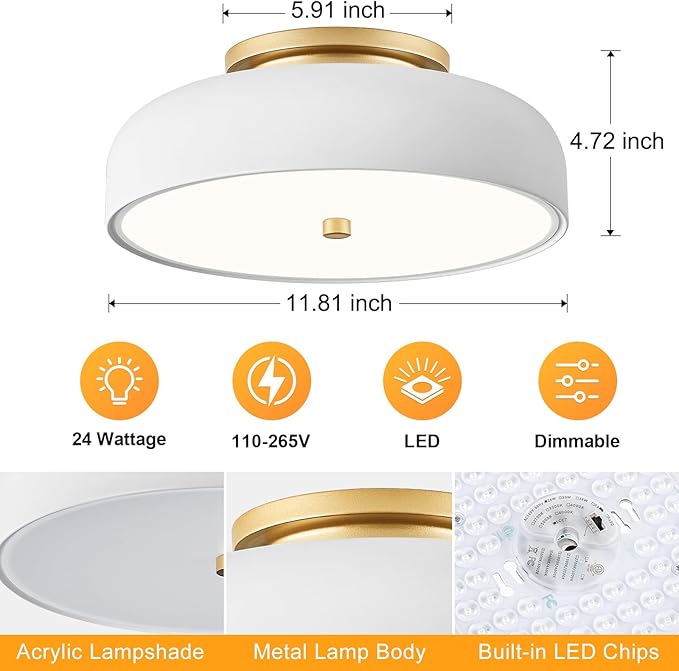 Dimmable LED Ceiling Light Fixture, 2700K-6000K 5CCT Modern Mid-Century Semi Flush Mount Ceiling Light, White Close to Ceiling Lamp for Kitchen, Laundry Room, Bedroom, Hallway, 11.8in