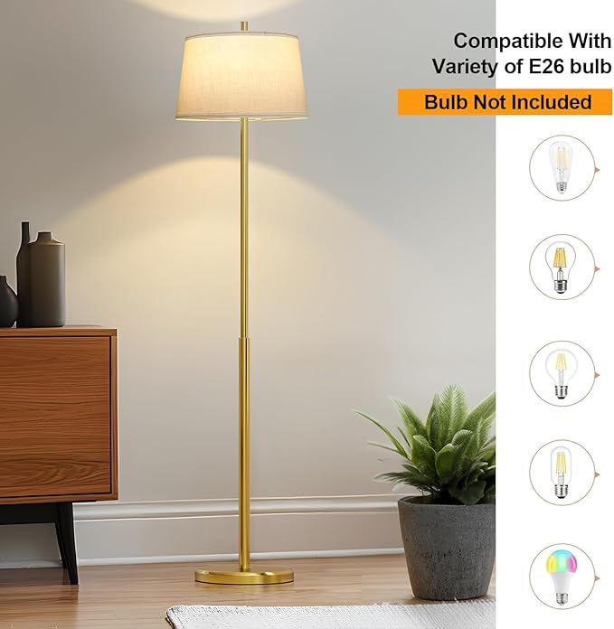 Oneach 61" Floor Lamp for Living Room, Gold Modern Standing Lamp with White Linen Shade, Brass Tall Pole Light with Rotary Switch for Bedroom, Office, Reading Room