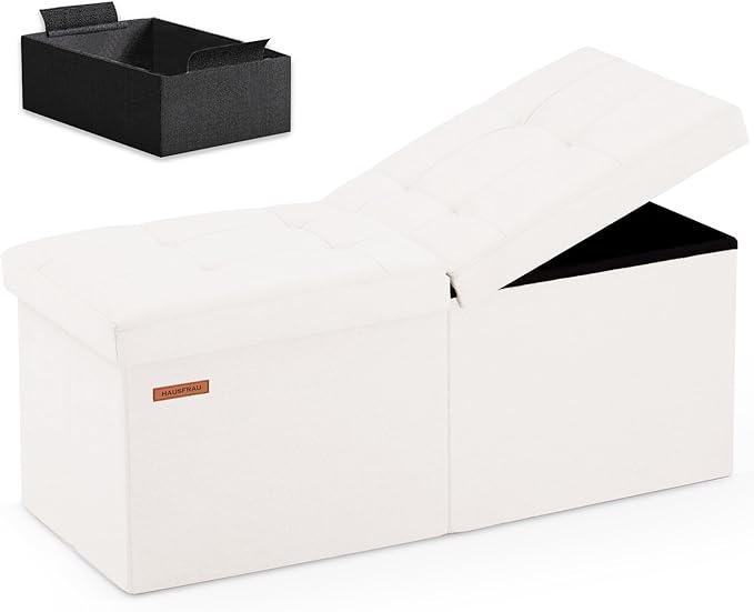 HAUSFRAU 31.5 Inches Ottoman with Storage Bench, Folding Ottoman Bench Small Foot Rest Stool, Bedroom Bench with Flipping Lid, Linen White
