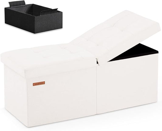 HAUSFRAU 31.5 Inches Ottoman with Storage Bench, Folding Ottoman Bench Small Foot Rest Stool, Bedroom Bench with Flipping Lid, Linen White