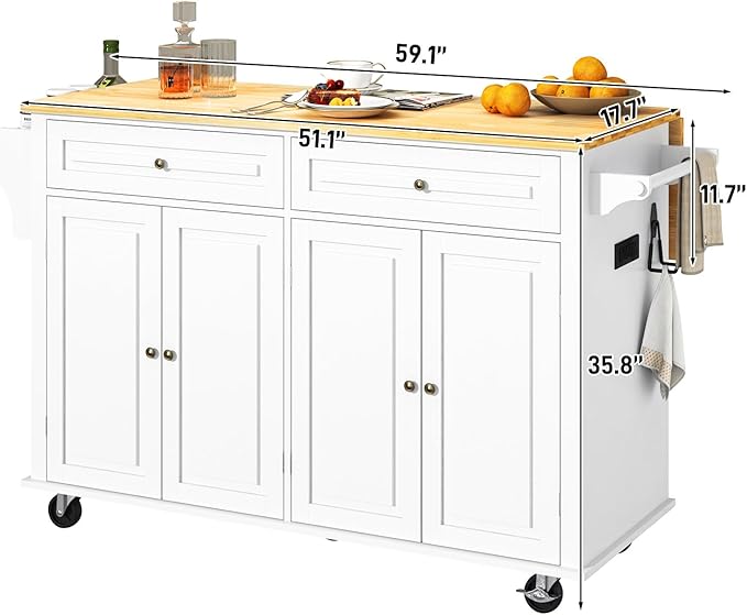 59" Kitchen Cart with Wood Top and Drop Leaf Breakfast Bar, Rolling Mobile Kitchen Island Table on Wheels with Drawer and Storage Cabinet, Spice Rack, Towel Rack, White