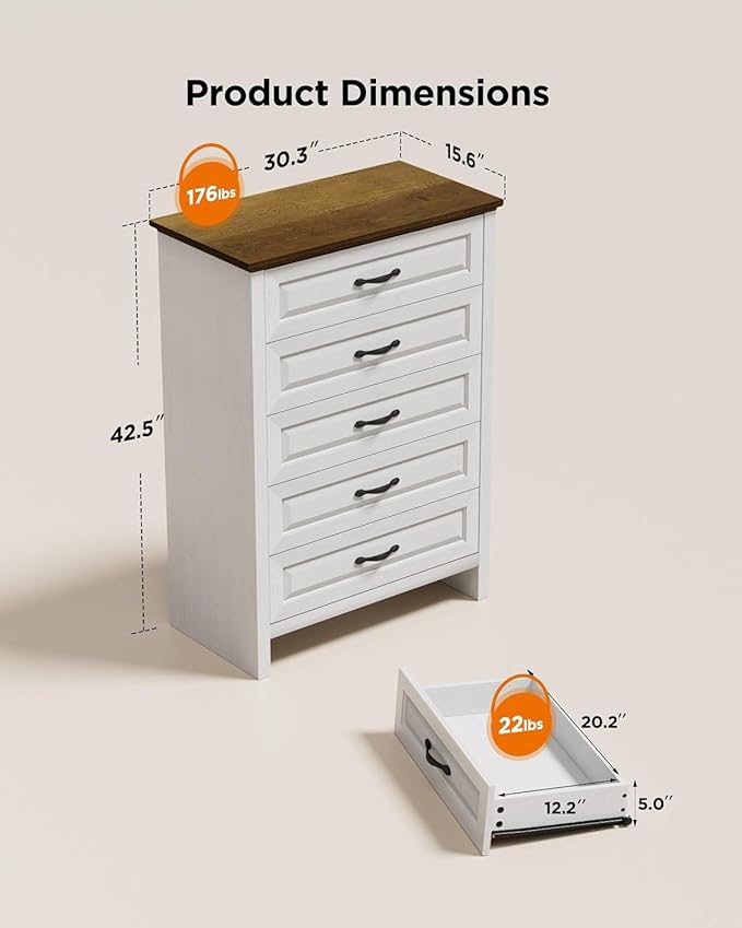 Pipishell White 5 Drawers Dresser Chests for Bedroom, 42.7 Inch Tall Wooden Dresser, Farmhouse Storgae Organizer with Large Drawers & Bar Handles for Bedroom, Entryway, Hallway, Brown & White