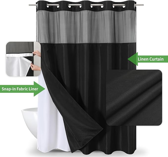 Extra Long No Hooks Needed Linen Textured Shower Curtain with Snap-in Fabric Liner Set,Black Hotel Luxury Decor Shower Curtains for Bathroom,Waterproof & Washable,71Wx86H