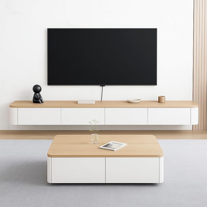 Floating TV Stand,47-118 Inch Wall Mounted TV Shelf,Modern Entertainment Center Media Console with Storage for Bedroom,Living Room (White/Wood, 102.3")