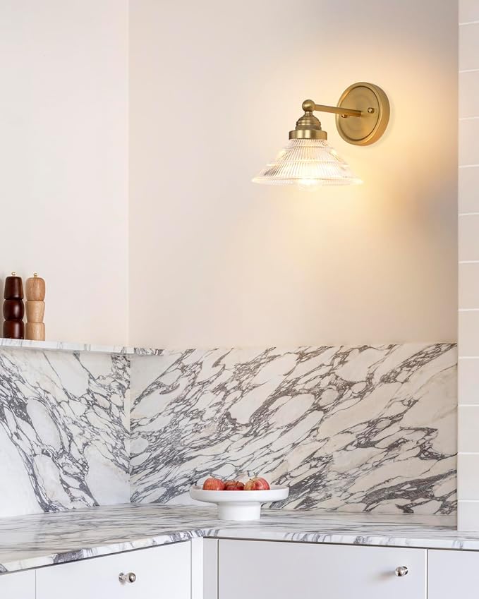 Vintage 1-Light Wall Sconce with Clear Ribbed Glass Shade, Industrial Hardwired Wall Light Fixture for Bedside Living Room Vanity Bathroom Hallway