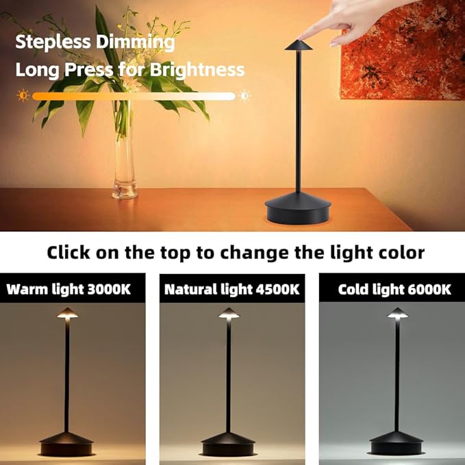 Cordless Table Lamp, 6000mAh Rechargeable Table Lamps, Portable Touch LED Lamp, 3 Color Stepless Dimming Battery Powered Bedside Table Lamps for Restaurant/Patio/Outdoor- Black (1 Pcs Black)